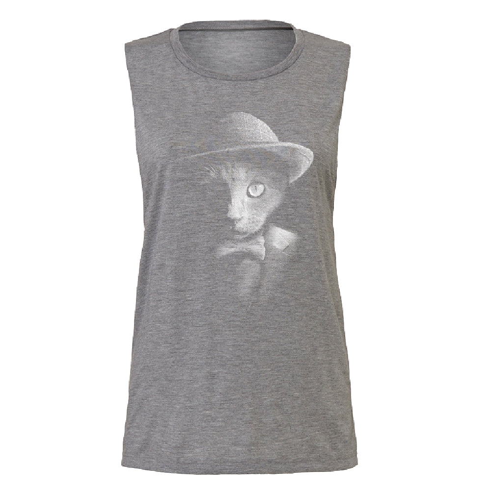 Stylish Gentelman Cat Women's Muscle Tank Cool Mafia Cat with Hat Tee 