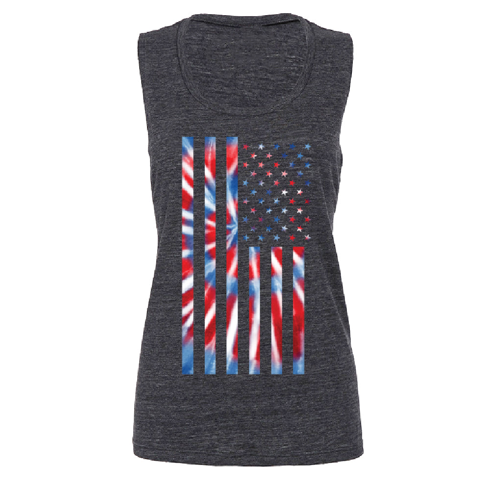 Patriotic Tie Dye American Flag Women's Muscle Tank 4th of July USA Tee 