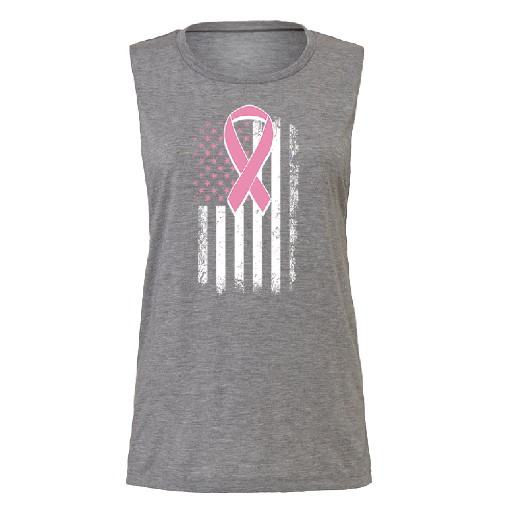 Pink Vintage American Flag Women's Muscle Tank Breast Cancer Awareness Tee 