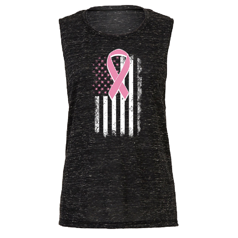 Pink Vintage American Flag Women's Muscle Tank Breast Cancer Awareness Tee 